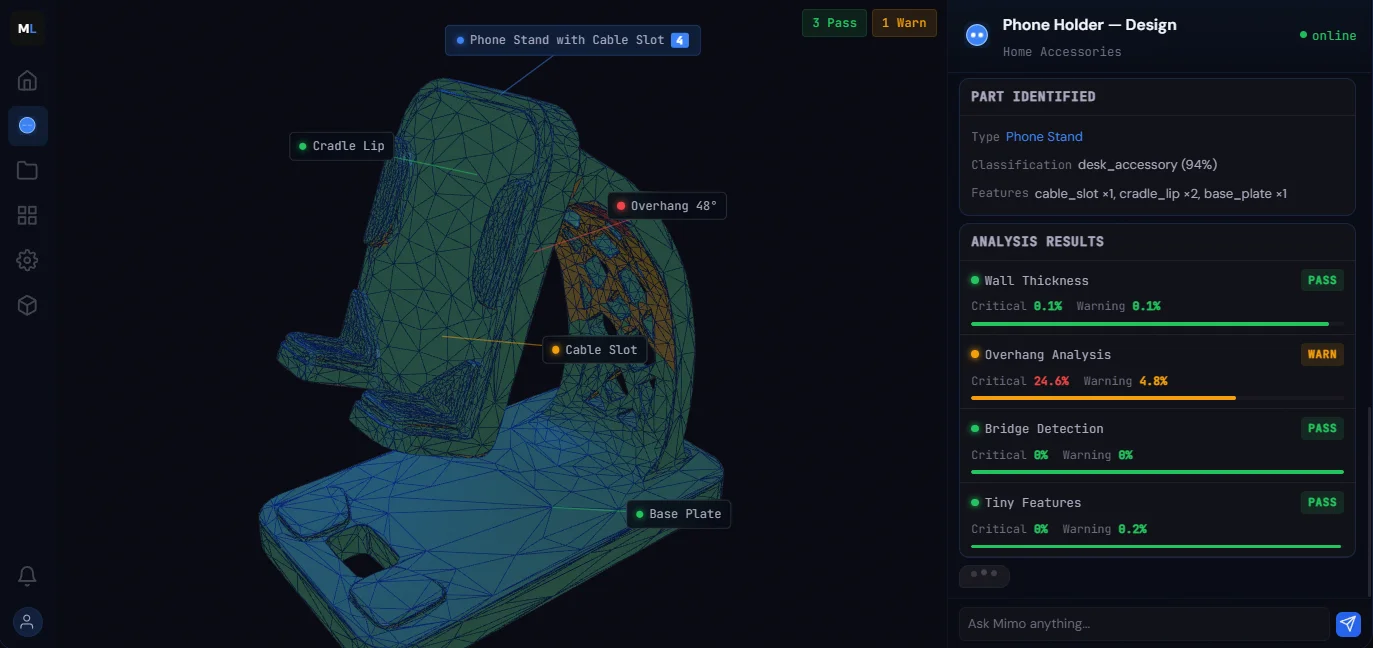 Mimo desktop workspace showing 3D model viewer, print configuration, and AI chat